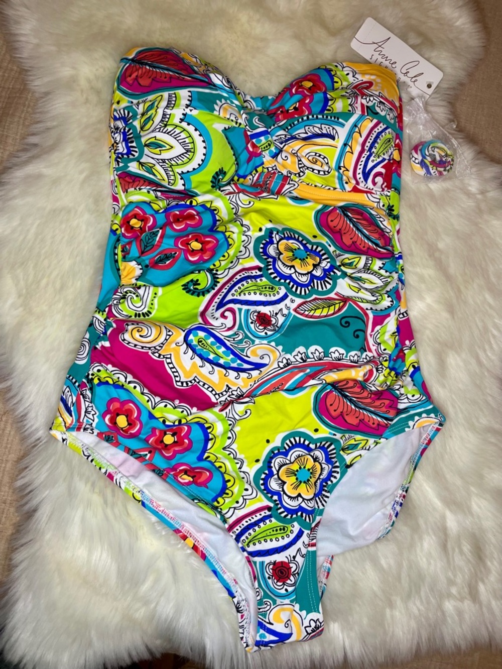 Anne Cole Bright Multi-Color Twist Front Bandeau One-Piece Swimsuit NWT size 12